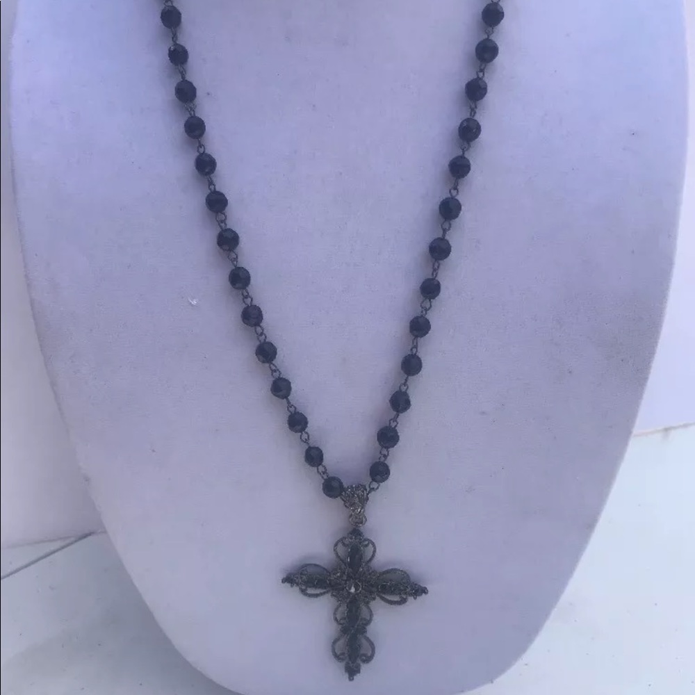 Cross necklace black beads Long rosary style‎